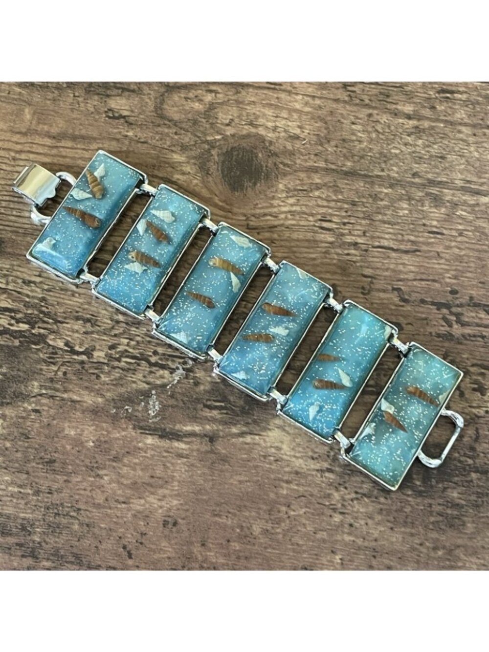 Vintage 1950s Panel Bracelet Blue Confetti Lucite Seashells Silver Tone Wide - Picture 2 of 16